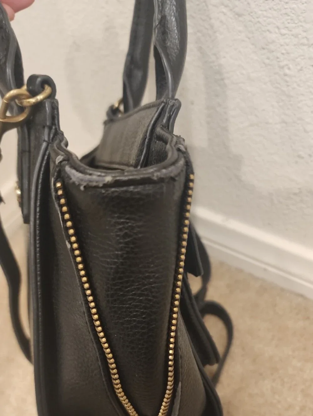Black Leather Satchel Handbag with Gold Hardware
